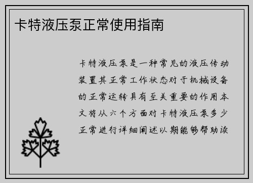 卡特液压泵正常使用指南